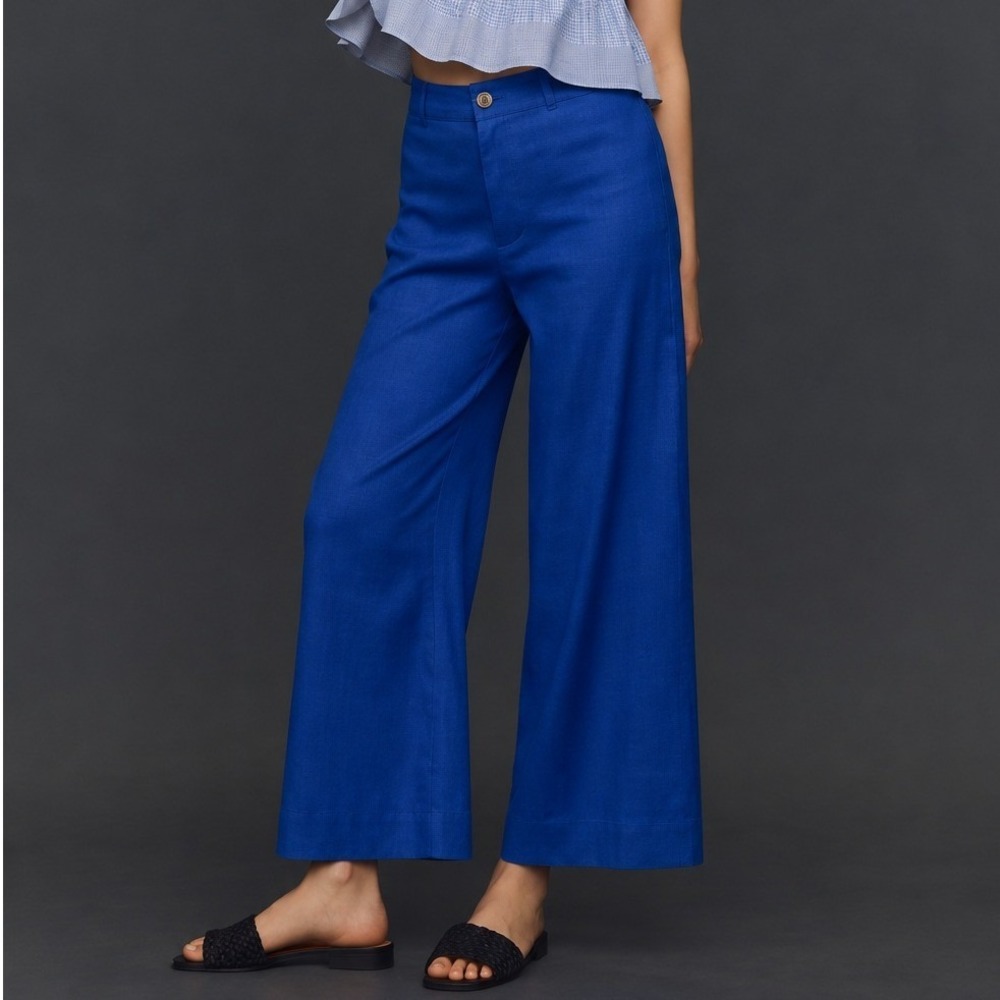 Maeve Anthropologie Blue The Ettie High Rise Crop Wide Leg Pants Linen Size 24